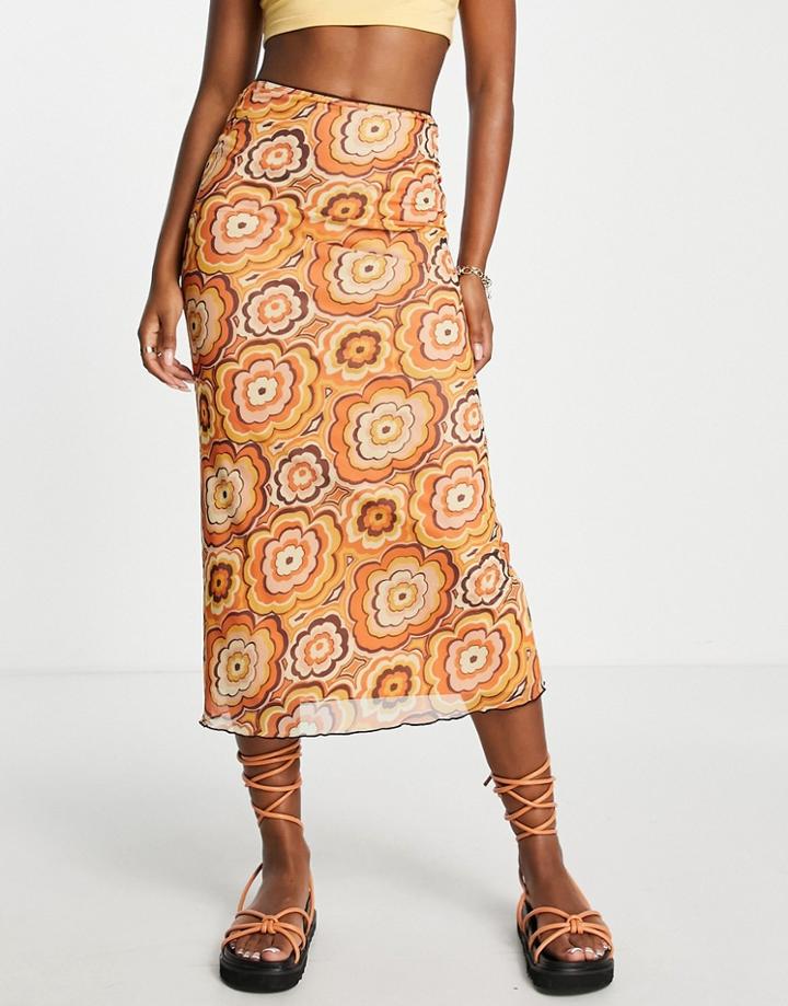 Neon Rose Midi Skirt With Lettuce Hem In 70s Floral Mesh - Part Of A Set-multi
