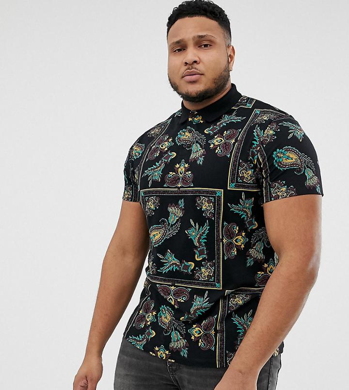 Asos Design Plus Polo With All Over Bandana Print - Black