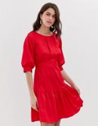 Closet Frill Hem Puff Sleeve Dress - Red