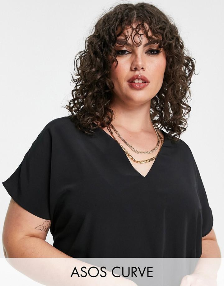 Asos Design Curve V Neck Woven Top In Black
