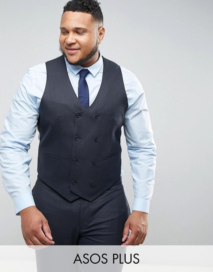 Asos Plus Wedding Skinny Suit Waistcoat In Blue Micro Woven Texture - Blue