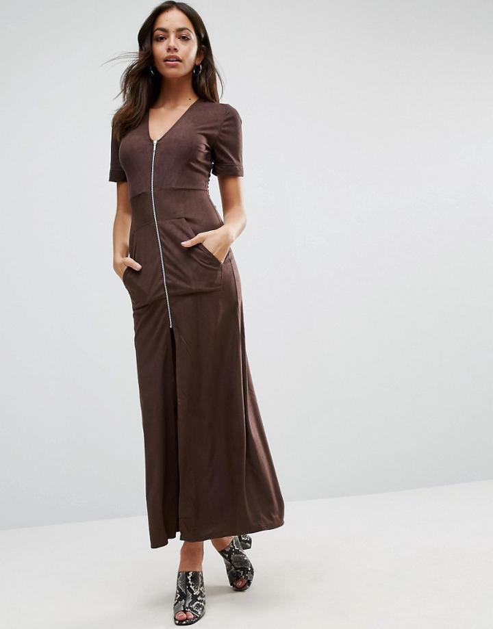 Liquorish Zip Front Maxi Dress Brown - Brown