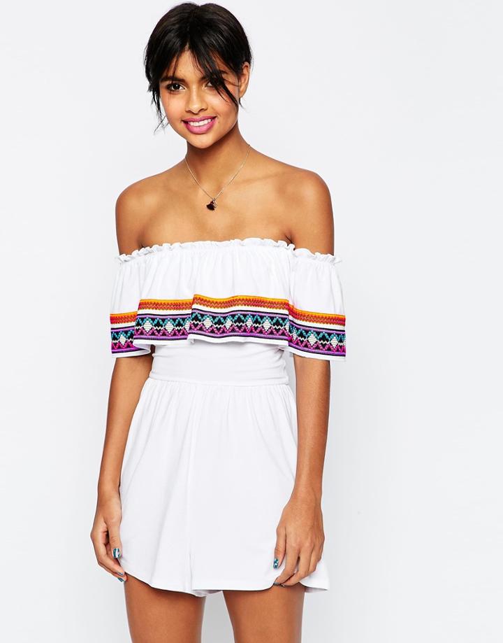 Asos Festival Ruffle Cold Shoulder Romper - Multi