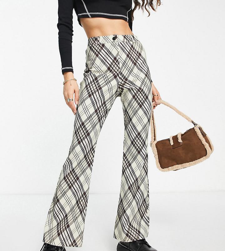 Topshop Petite Highwaisted Bengaline Flared Pants In Green Check