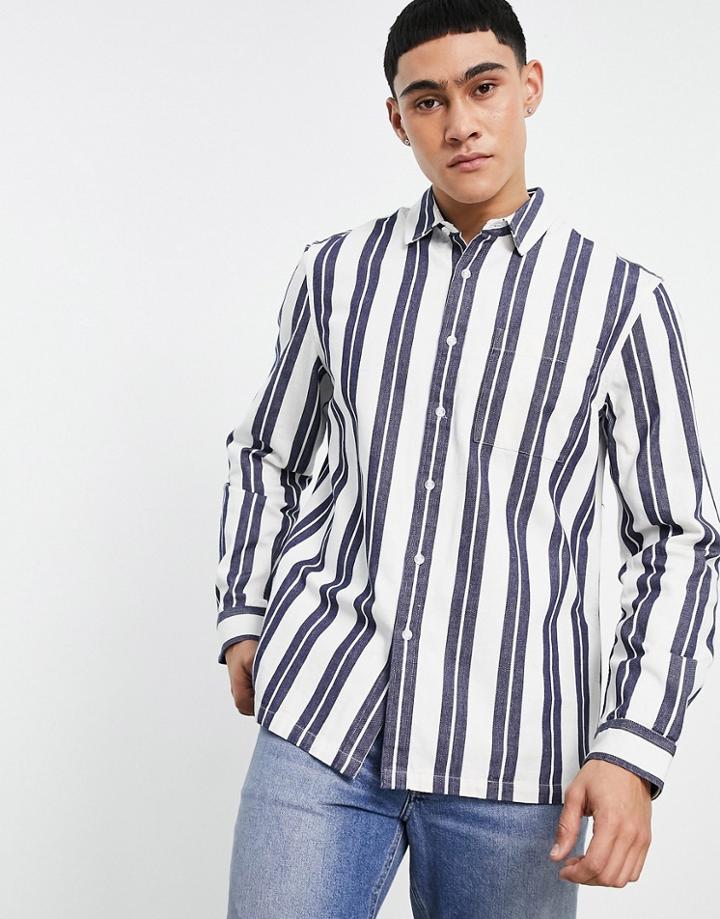 Topman Long Sleeve Stripe Shirt In Blue And White