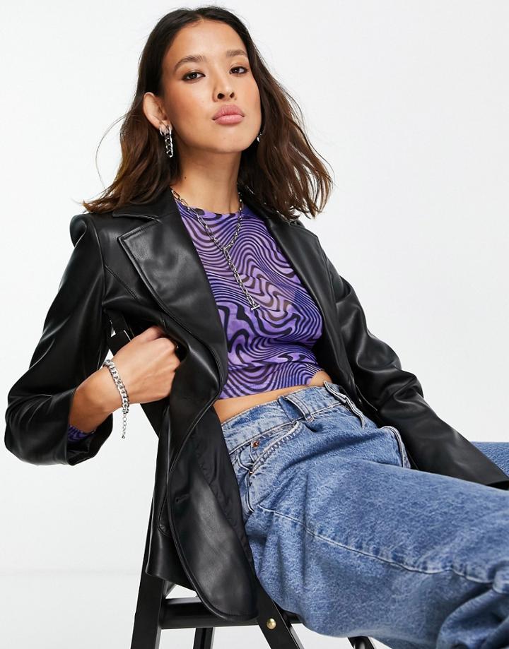 Topshop Faux Leather Fitted Blazer In Black