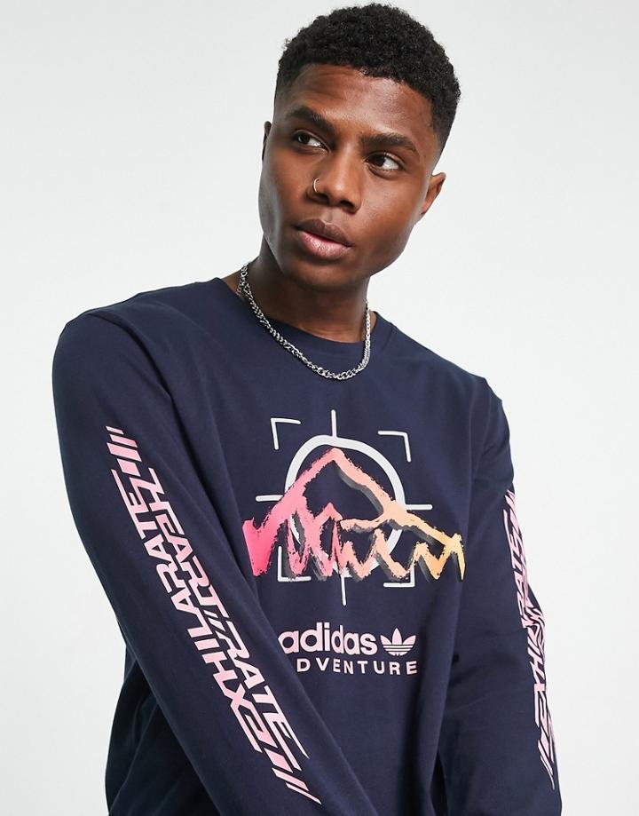Adidas Originals Adventure Long Sleeve Top In Ink Navy With Front Graphics