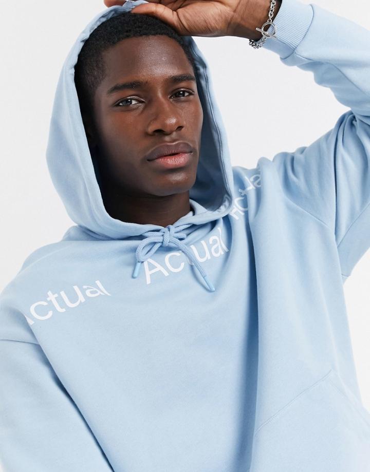 Asos Actual Oversized Hoodie In Ice Blue With Repeat Chest Print-blues