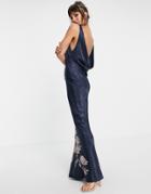Asos Design Satin Midi Dress With Floral Embroidery And Cowl Back-navy