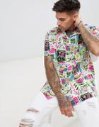 Asos Design Festival Oversized Bright Vintage Style Print Shirt - White