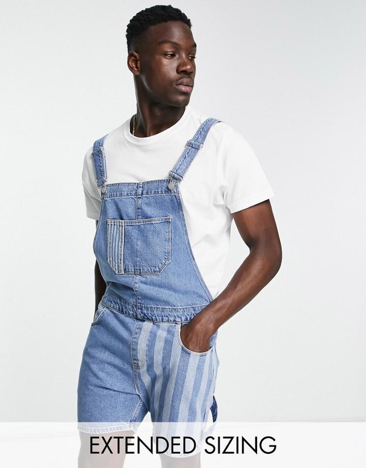 Asos Design Short Denim Overalls In Stripe Patchwork-blue