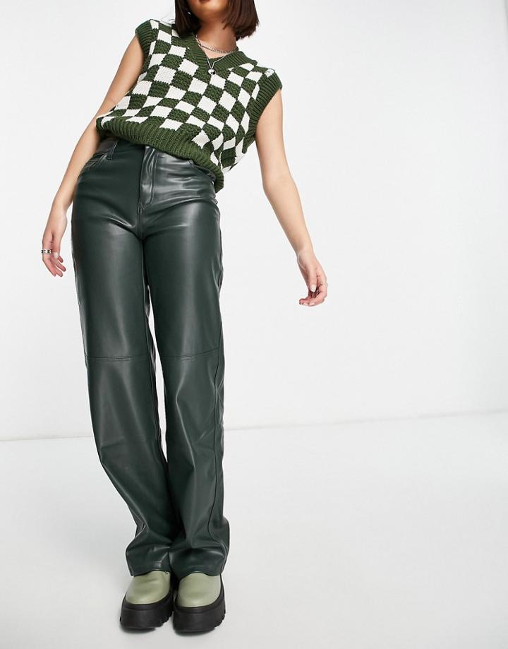 Bershka Faux Leather Straight Leg Pant In Green