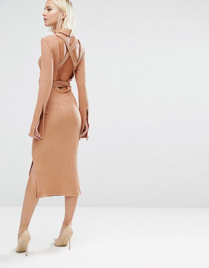 Lavish Alice Rib Knit Open Back Wrap Around Belt Midi Dress - Tan