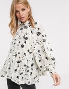Asos Design Long Sleeve Button Front Sheer Top In Ditsy Floral Print - Multi