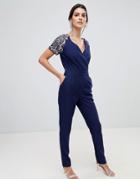 Little Mistress Embroidered Sleeve Jumpsuit-navy