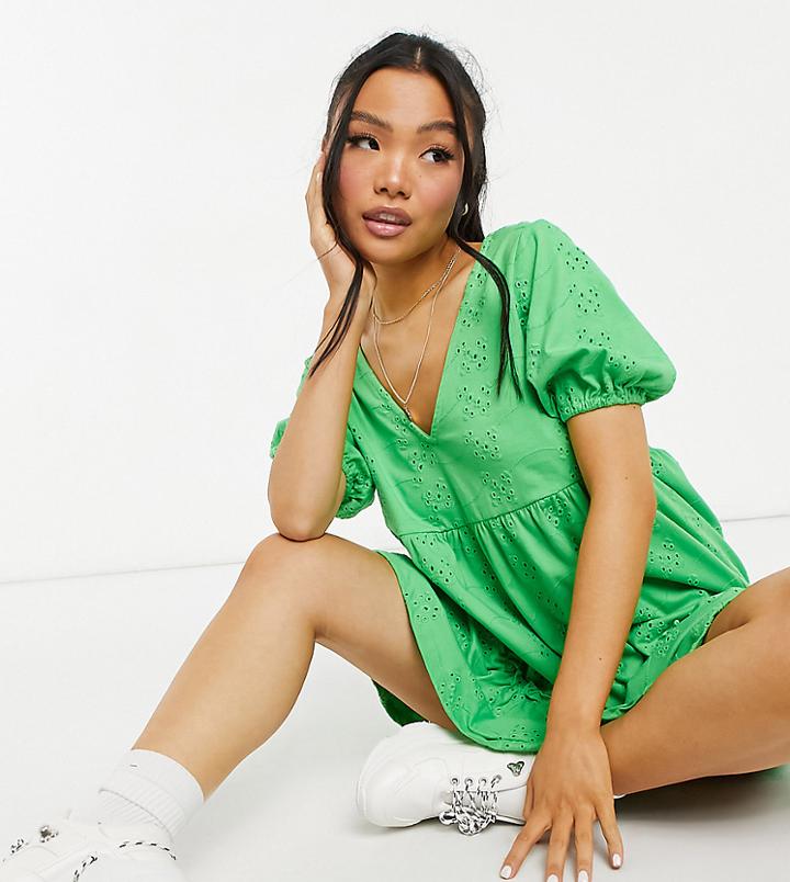 Asos Design Petite Broderie V Neck Smock Dress With Puff Sleeve In Apple Green