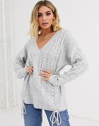 Asos Design V Neck Cable Sweater With Tie Detail In Recycled Blend-gray