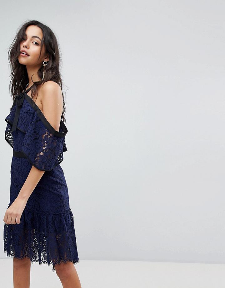 Adelyn Rae Tracy Ruffle Haltnerneck Lace Hem Dress-navy