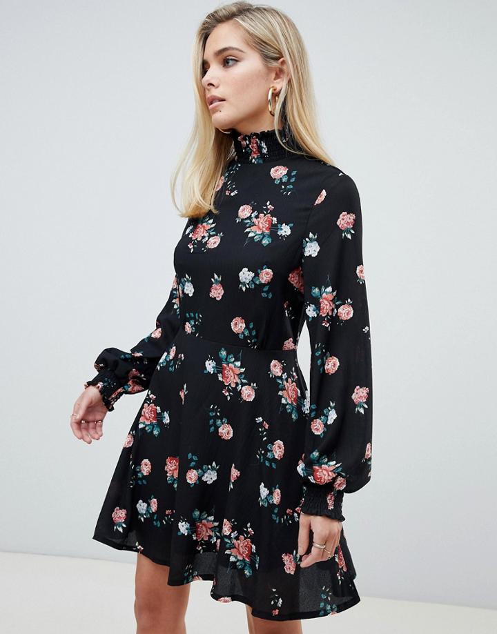 Prettylittlething High Neck Skater Dress In Floral - Black