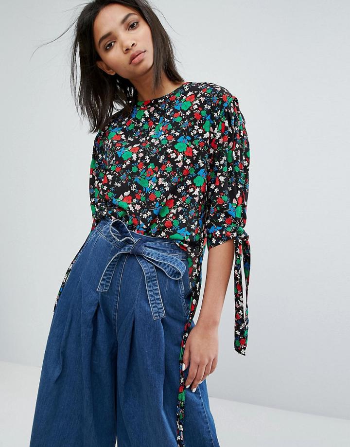Stylenanda Oversized Top In Floral With Strap Details - Black