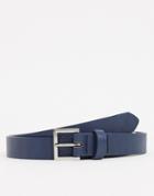 Asos Design Skinny Belt In Navy Faux Leather With Silver Buckle