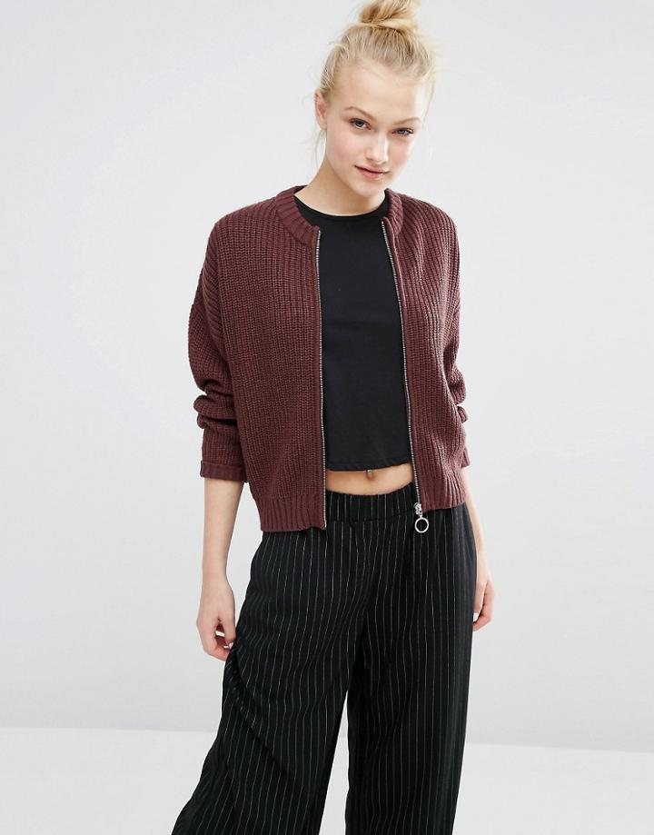 Monki Knitted Rib Bomber - Red