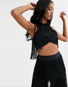 Asos Design Cross Front Top Two-piece In All Over Tiered Fringe-black