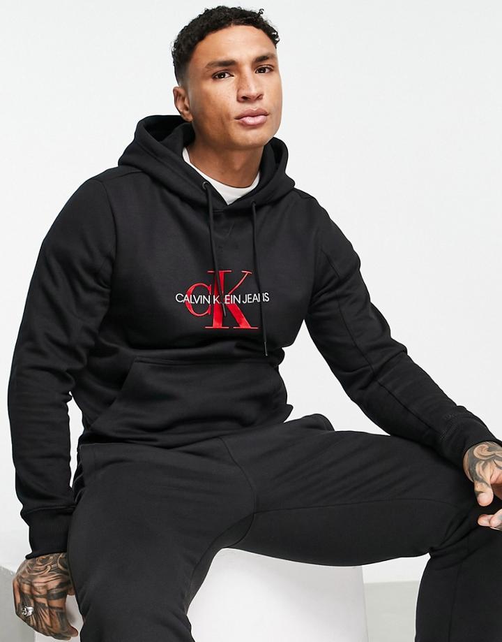 Calvin Klein Jeans Monogram Flock Logo Hoodie In Black