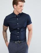 Asos Slim Shirt In Navy With Short Sleeves And Button Down Collar - Navy