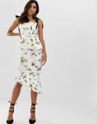 Asos Design Pleated Bodice Floral Midi Pencil Dress With Belt-multi