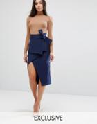 Lavish Alice Tie Front Asymmetric Wrap Midi Skirt - Navy