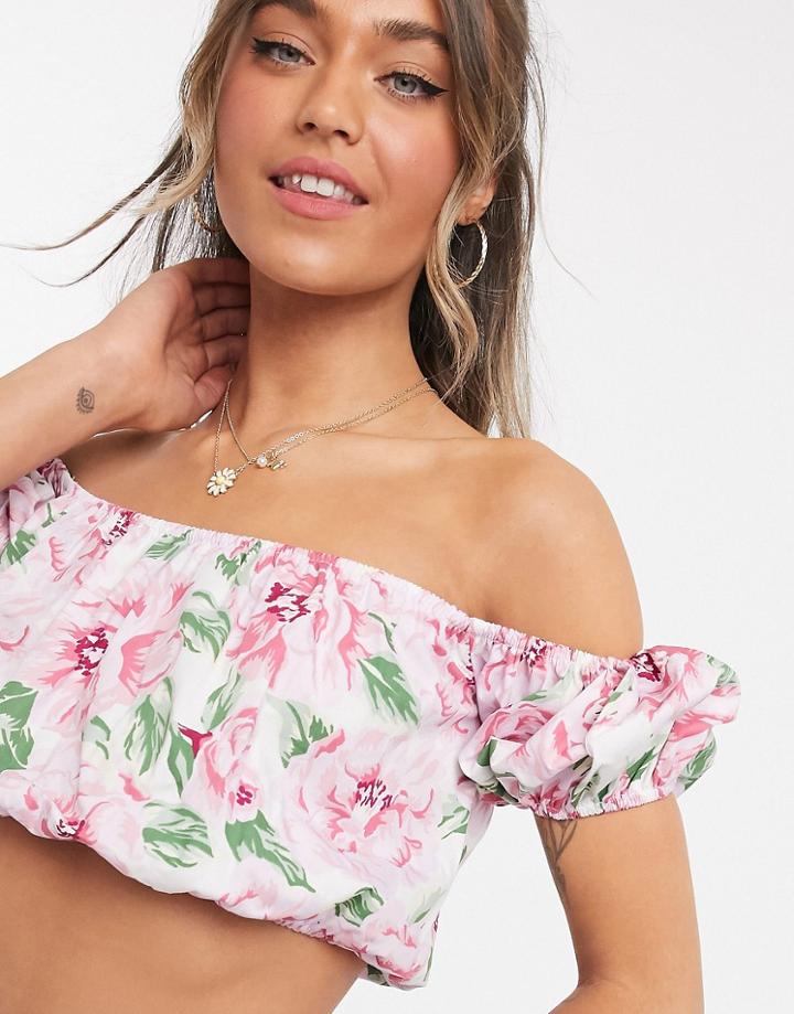 Miss Selfridge Bardot Crop Top In Ivory Floral-white