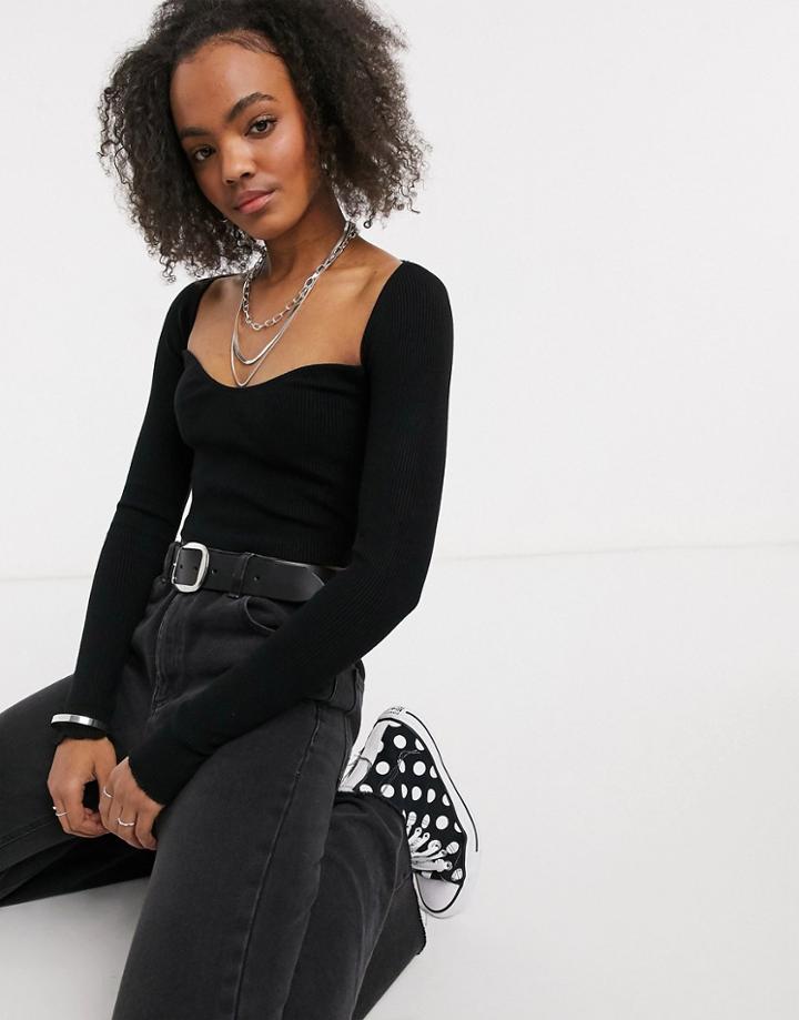 Pull & Bear Structured Rib Detail Top In Black