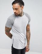 Asos Longline Muscle T-shirt With Contrast Raglan And Side Zips In Linen Mix - Gray