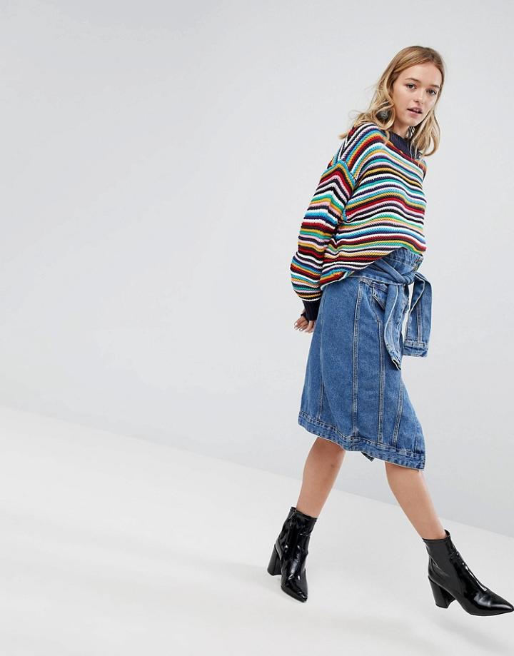 Monki Denim Tie Front Midi Skirt - Blue