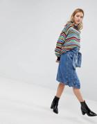 Monki Denim Tie Front Midi Skirt - Blue