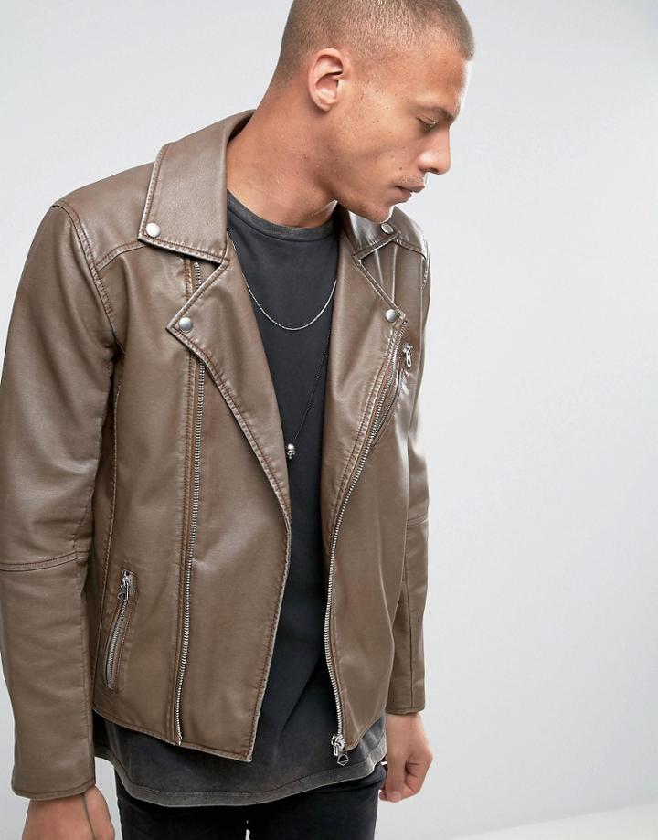 Asos Faux Leather Biker Jacket In Washed Tan - Beige