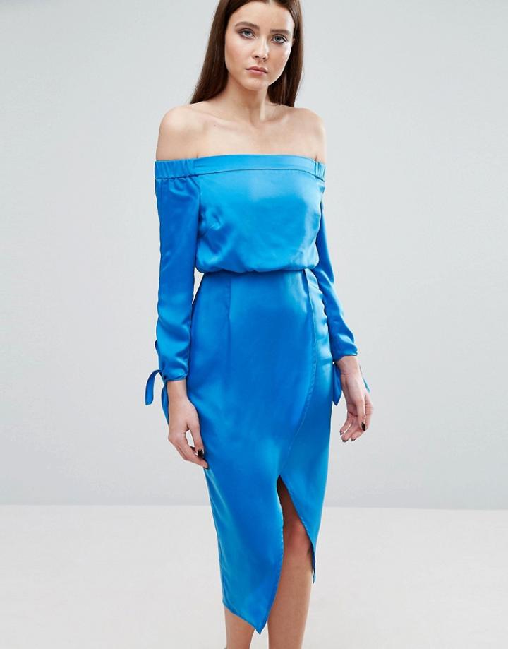 Lavish Alice Off Shoulder Midi Dress With Tie Sleeve - Blue