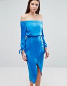 Lavish Alice Off Shoulder Midi Dress With Tie Sleeve - Blue