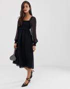 Asos Design Shirred Square Neck Midi Skater Dress - Black