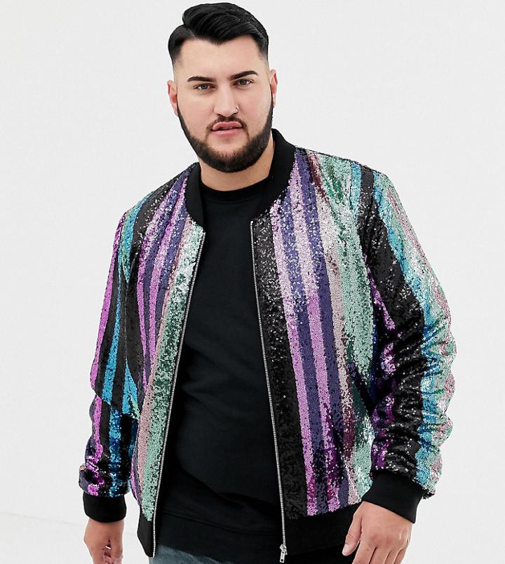 Asos Design Plus Striped Sequin Bomber - Multi