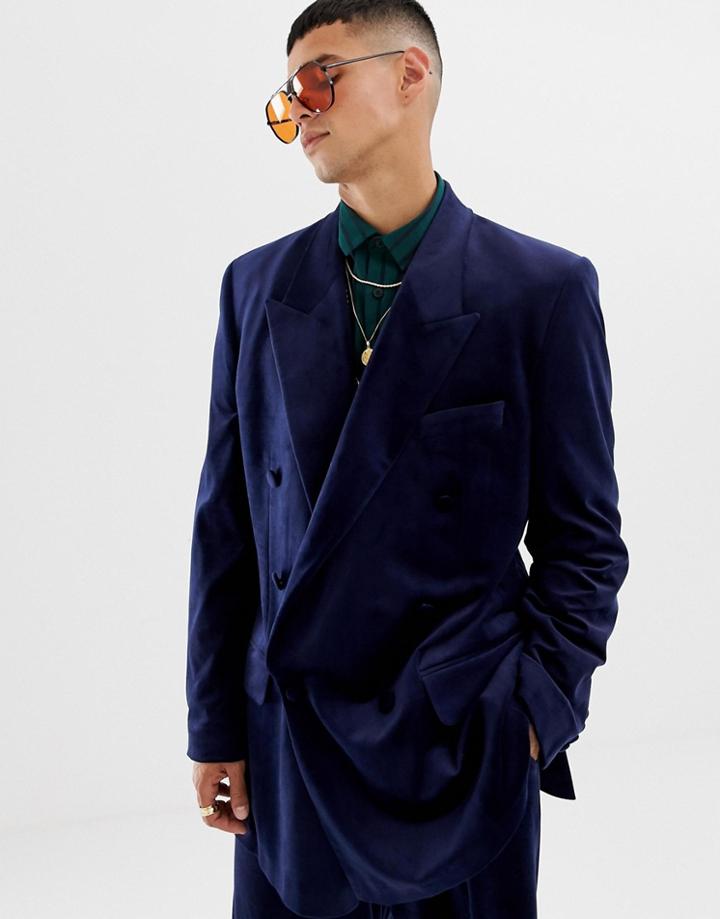 Asos Design Slouchy Double Breasted Suit Jacket In Navy Velvet
