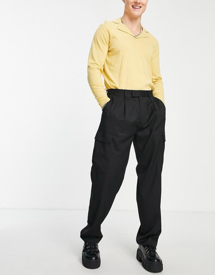 Topman Wide Leg Smart Cargo Pants In Black