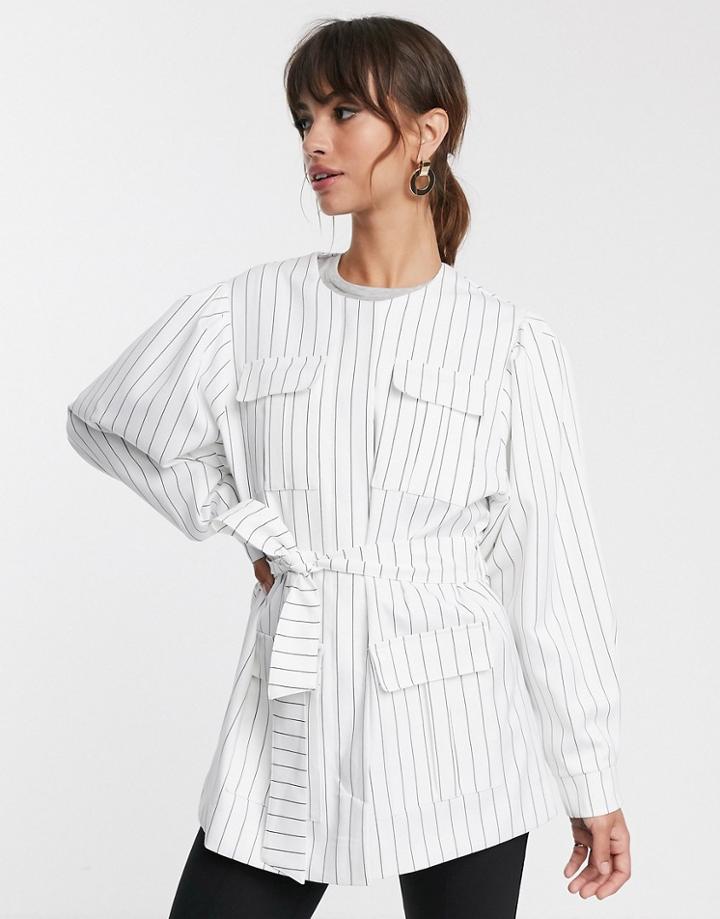Asos Design White Pinstripe Sleeve Drama Blazer-multi