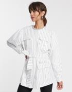 Asos Design White Pinstripe Sleeve Drama Blazer-multi