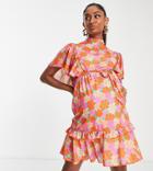 Twisted Wunder Maternity Short Sleeve Mini Dress In Happy Floral Print-pink