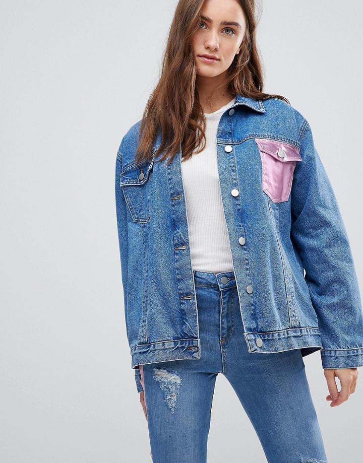 Chorus Metallic Foil Pocket Oversized Denim Jacket - Blue