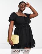 Asos Design Curve Tie Front Short Sleeve Mini Tea Dress In Black