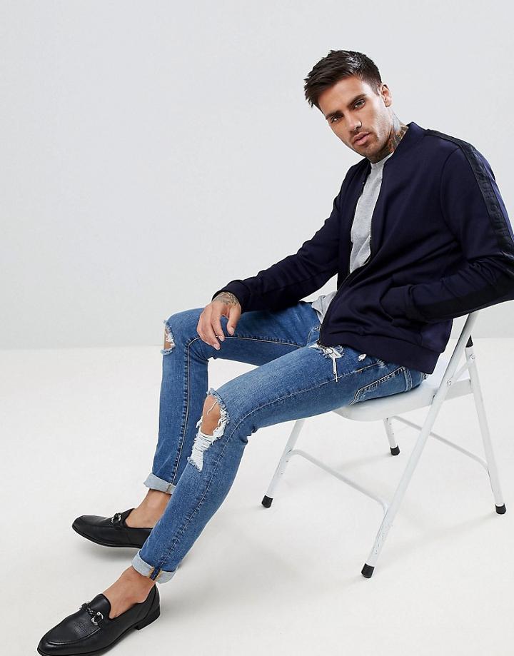 Hugo Taped Logo Sleeve Bomber Sweat In Navy - Navy