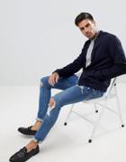 Hugo Taped Logo Sleeve Bomber Sweat In Navy - Navy